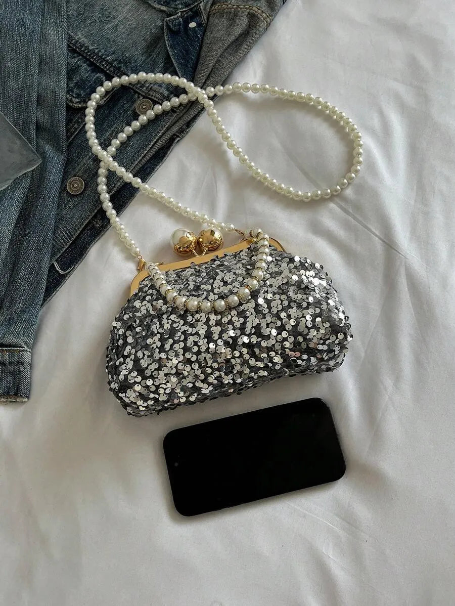 Women's Retro Green Fabric Faux Pearl Chain Clutch Bag Versatile Elegant Shoulder Handbag Party Daily Use Fashion Pearl Purse For Ladies