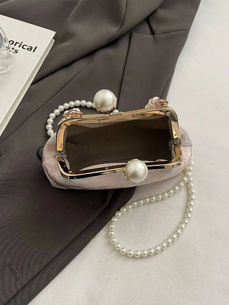 Women's Retro Green Fabric Faux Pearl Chain Clutch Bag Versatile Elegant Shoulder Handbag Party Daily Use Fashion Pearl Purse For Ladies