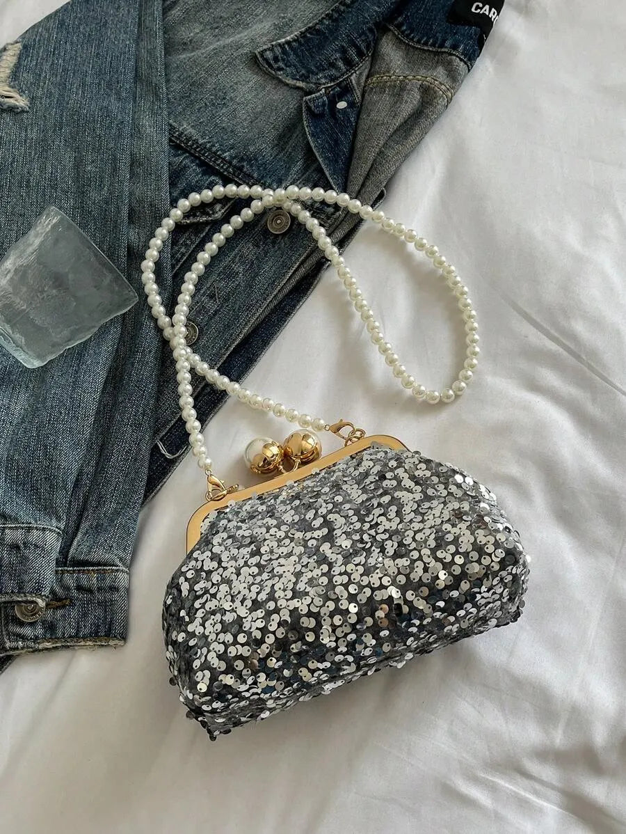 Women's Retro Green Fabric Faux Pearl Chain Clutch Bag Versatile Elegant Shoulder Handbag Party Daily Use Fashion Pearl Purse For Ladies