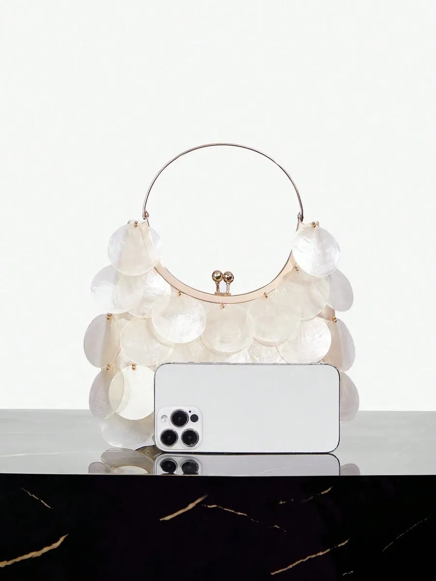 Women's Top Handle Bag With Metal Shell Decor Fashion Elegant Versatile Personalized Shoulder Purse Casual Beach Vacation Holiday Outfit