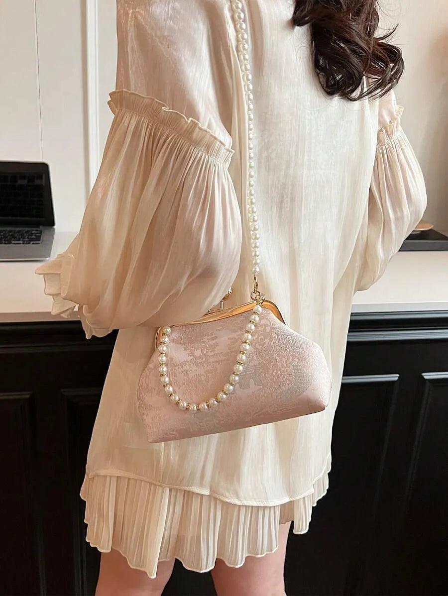 Women's Retro Green Fabric Faux Pearl Chain Clutch Bag Versatile Elegant Shoulder Handbag Party Daily Use Fashion Pearl Purse For Ladies