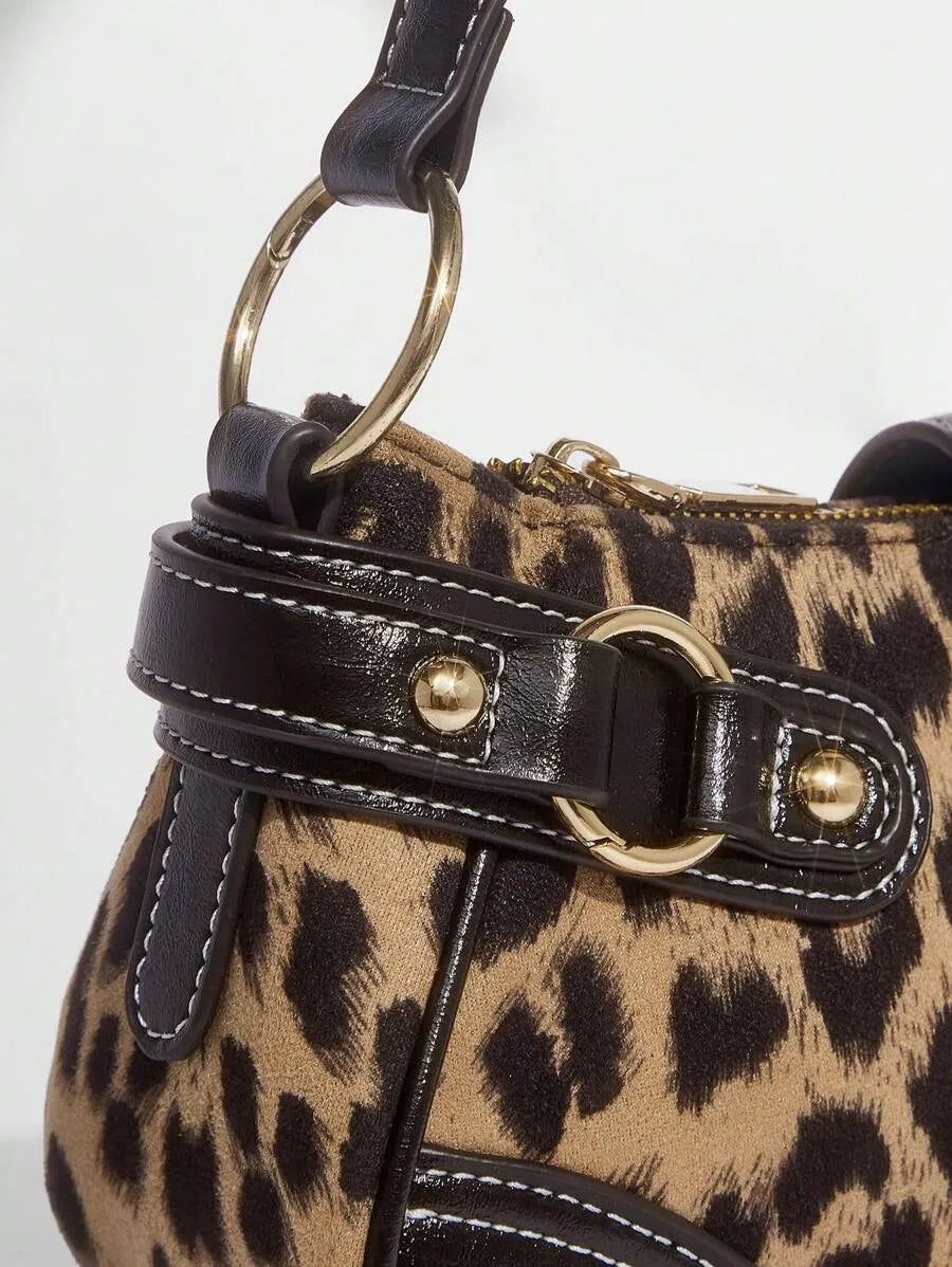 Women's Leopard Print Patchwork PU Shoulder Bag Street Style Fashion Purse Commuter Leopard Handbag Animal Print Outfit Casual Chic Bag