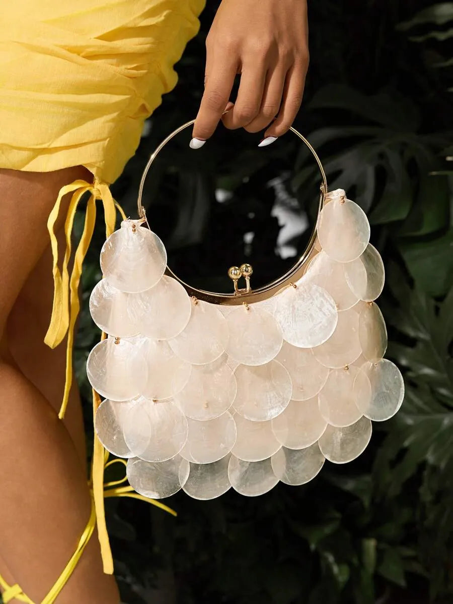 Women's Top Handle Bag With Metal Shell Decor Fashion Elegant Versatile Personalized Shoulder Purse Casual Beach Vacation Holiday Outfit