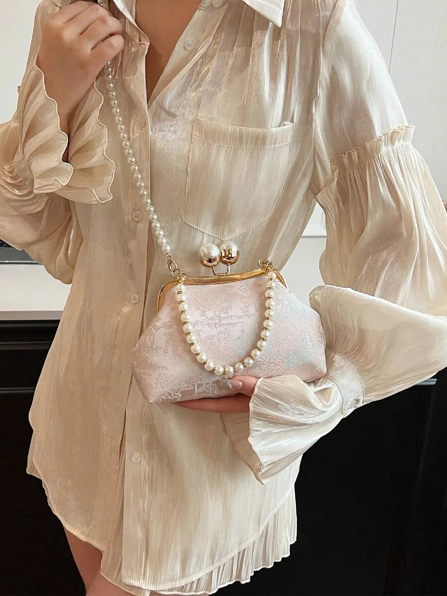 Women's Retro Green Fabric Faux Pearl Chain Clutch Bag Versatile Elegant Shoulder Handbag Party Daily Use Fashion Pearl Purse For Ladies
