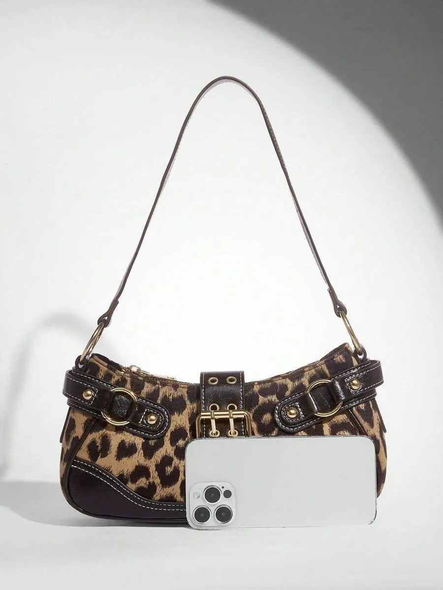 Women's Leopard Print Patchwork PU Shoulder Bag Street Style Fashion Purse Commuter Leopard Handbag Animal Print Outfit Casual Chic Bag