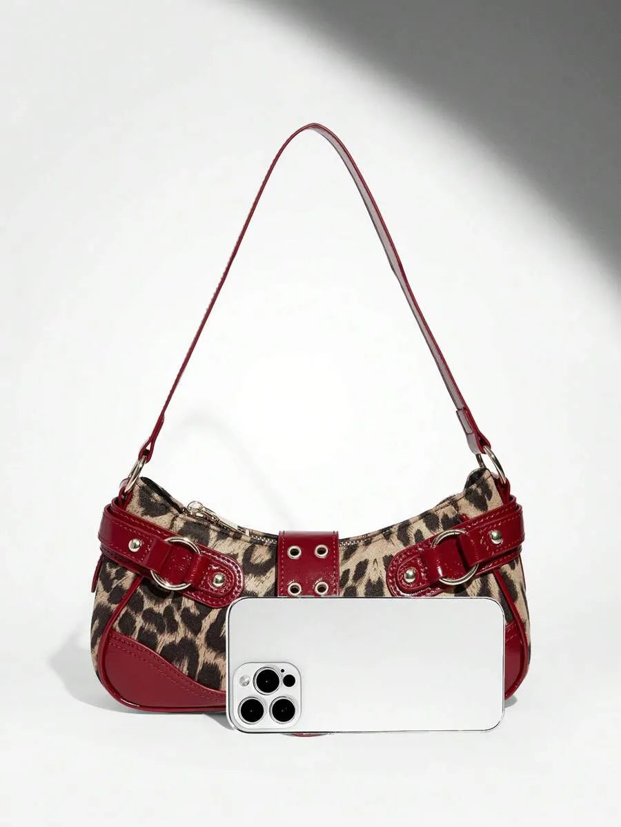 Women's Leopard Print Patchwork PU Shoulder Bag Street Style Fashion Purse Commuter Leopard Handbag Animal Print Outfit Casual Chic Bag