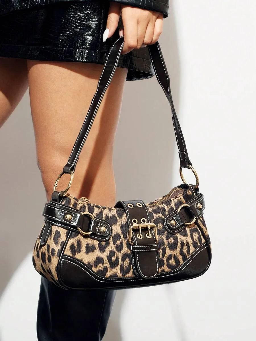 Women's Leopard Print Patchwork PU Shoulder Bag Street Style Fashion Purse Commuter Leopard Handbag Animal Print Outfit Casual Chic Bag