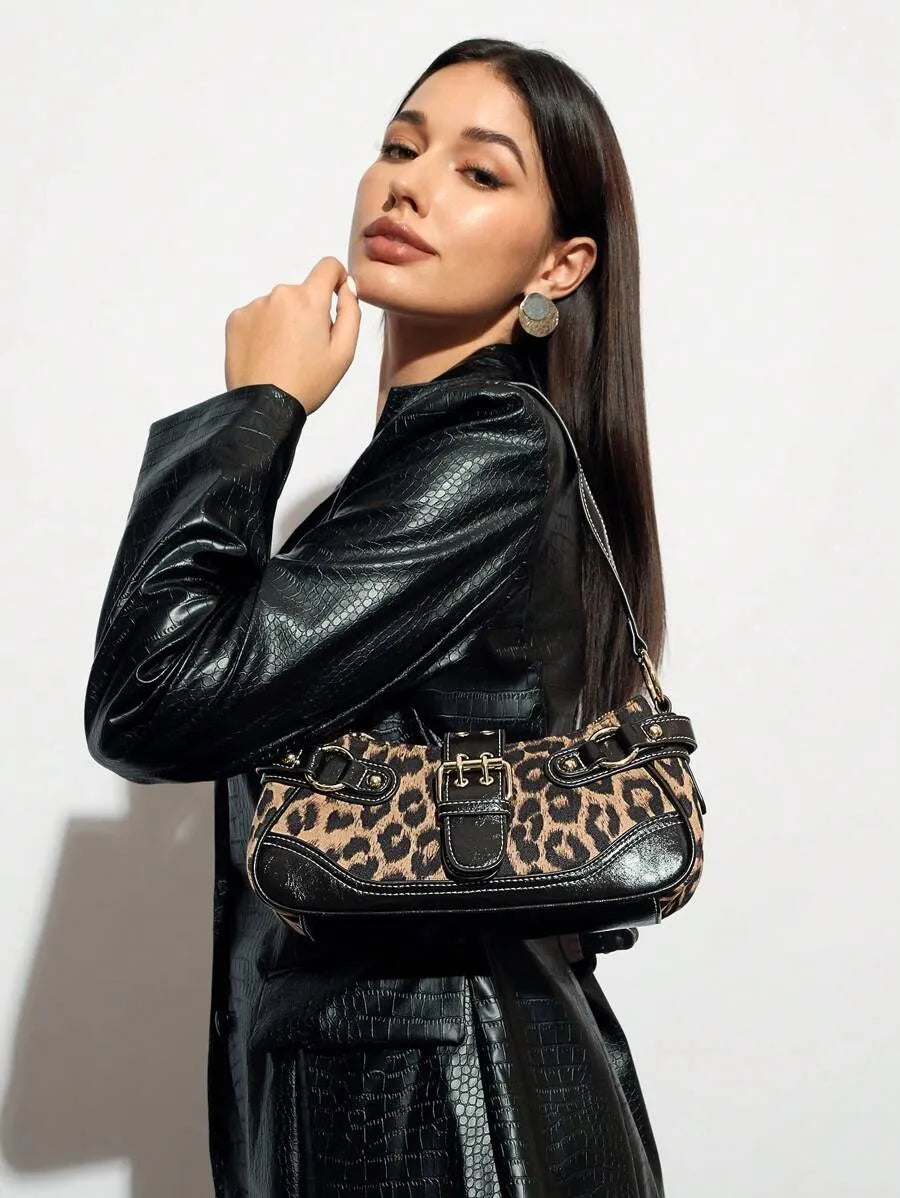 Women's Leopard Print Patchwork PU Shoulder Bag Street Style Fashion Purse Commuter Leopard Handbag Animal Print Outfit Casual Chic Bag