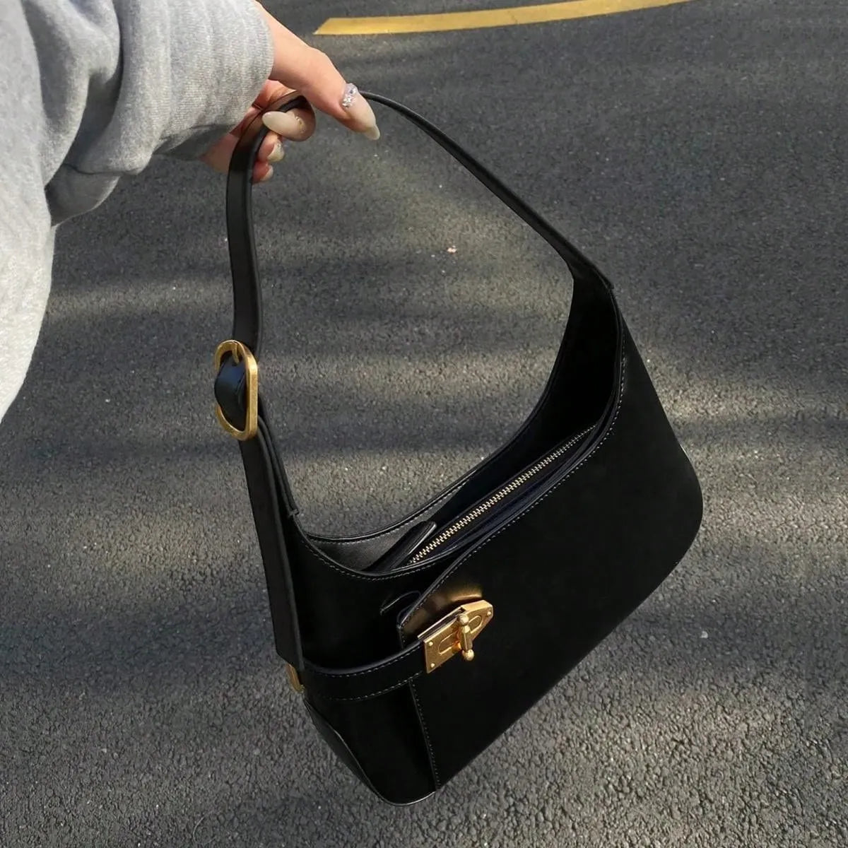 Women's Medium Hobo Bag With Buckle Decor Business Casual Shoulder Purse Fashion Elegant Office Work Travel Handbag For Ladies Daily Use