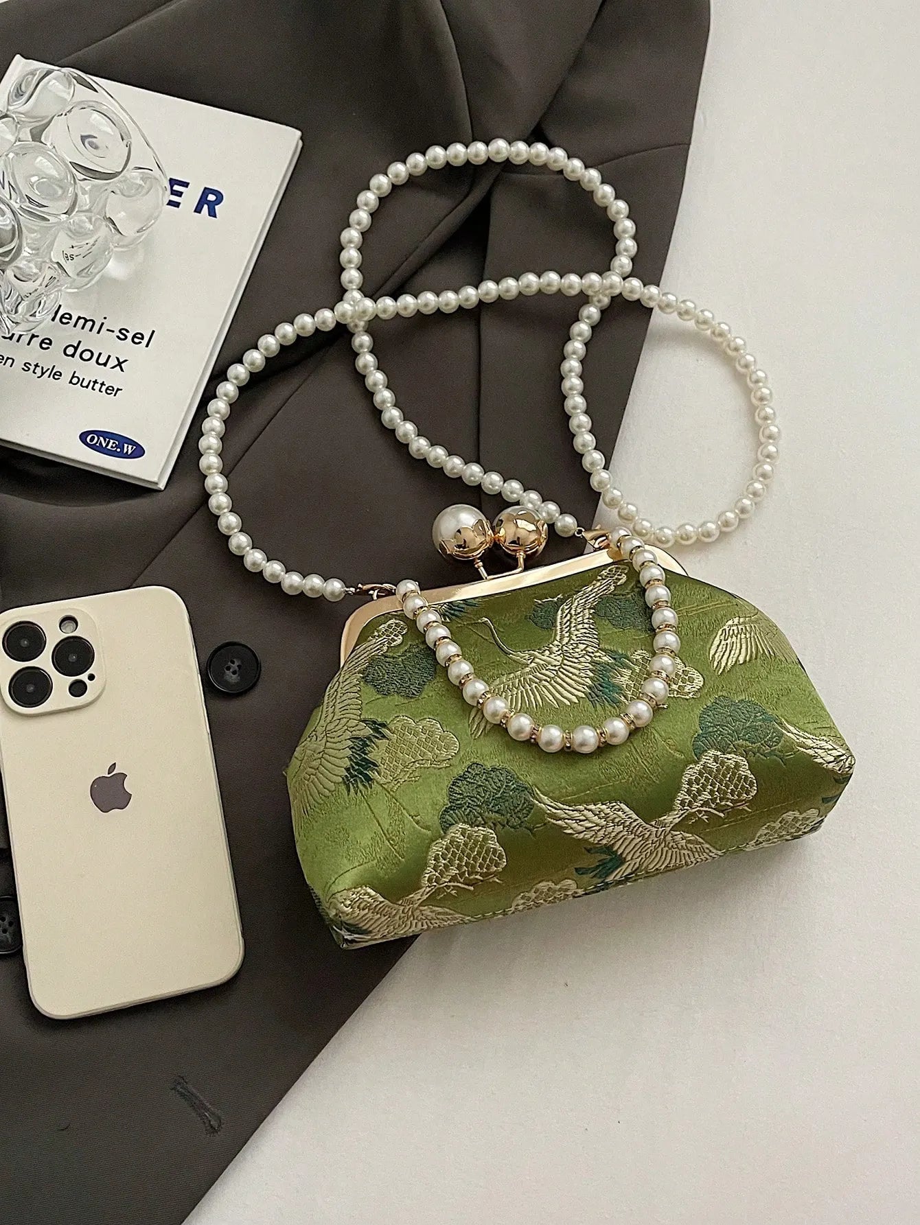 Women's Retro Green Fabric Faux Pearl Chain Clutch Bag Versatile Elegant Shoulder Handbag Party Daily Use Fashion Pearl Purse For Ladies