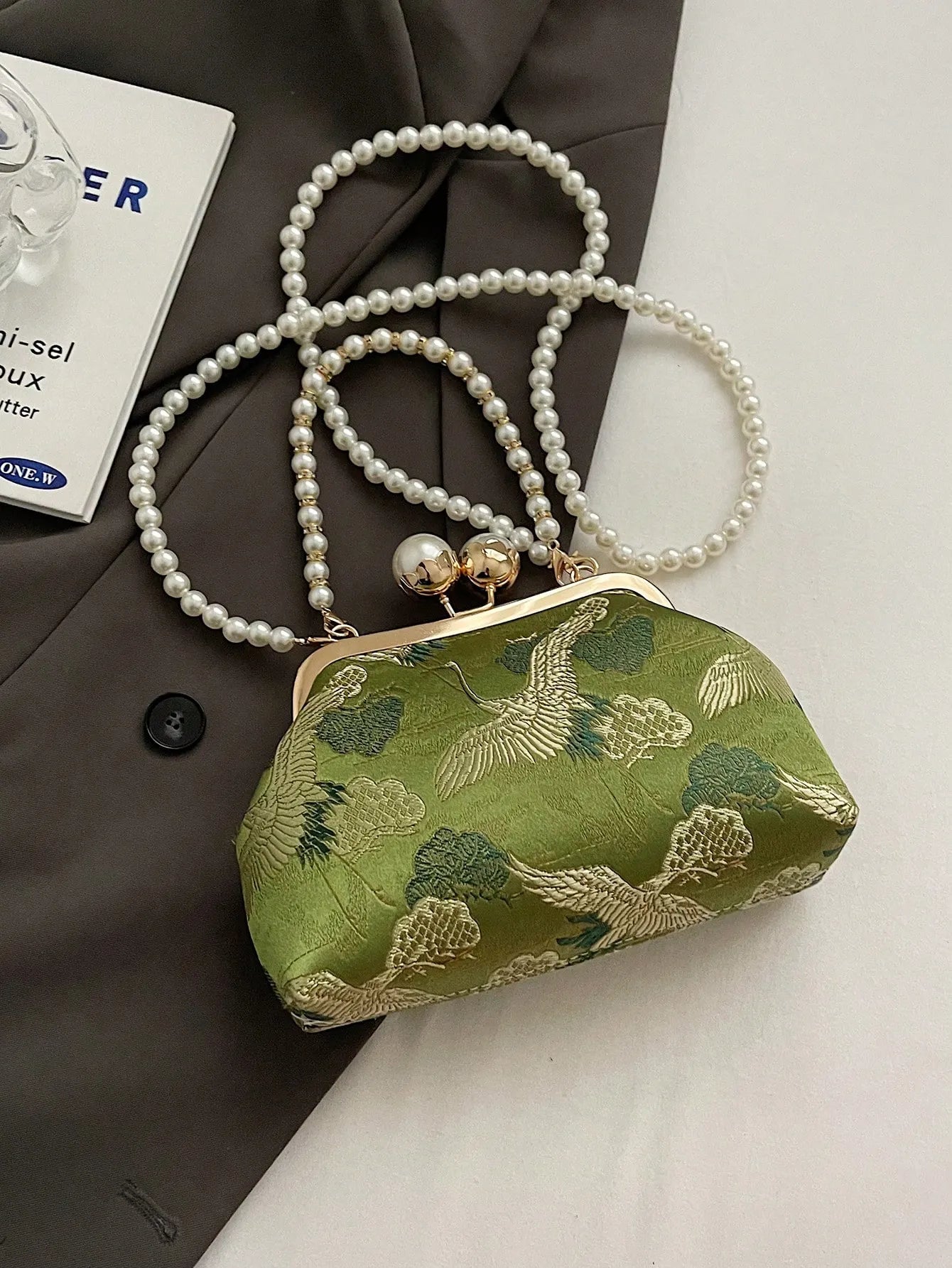 Women's Retro Green Fabric Faux Pearl Chain Clutch Bag Versatile Elegant Shoulder Handbag Party Daily Use Fashion Pearl Purse For Ladies