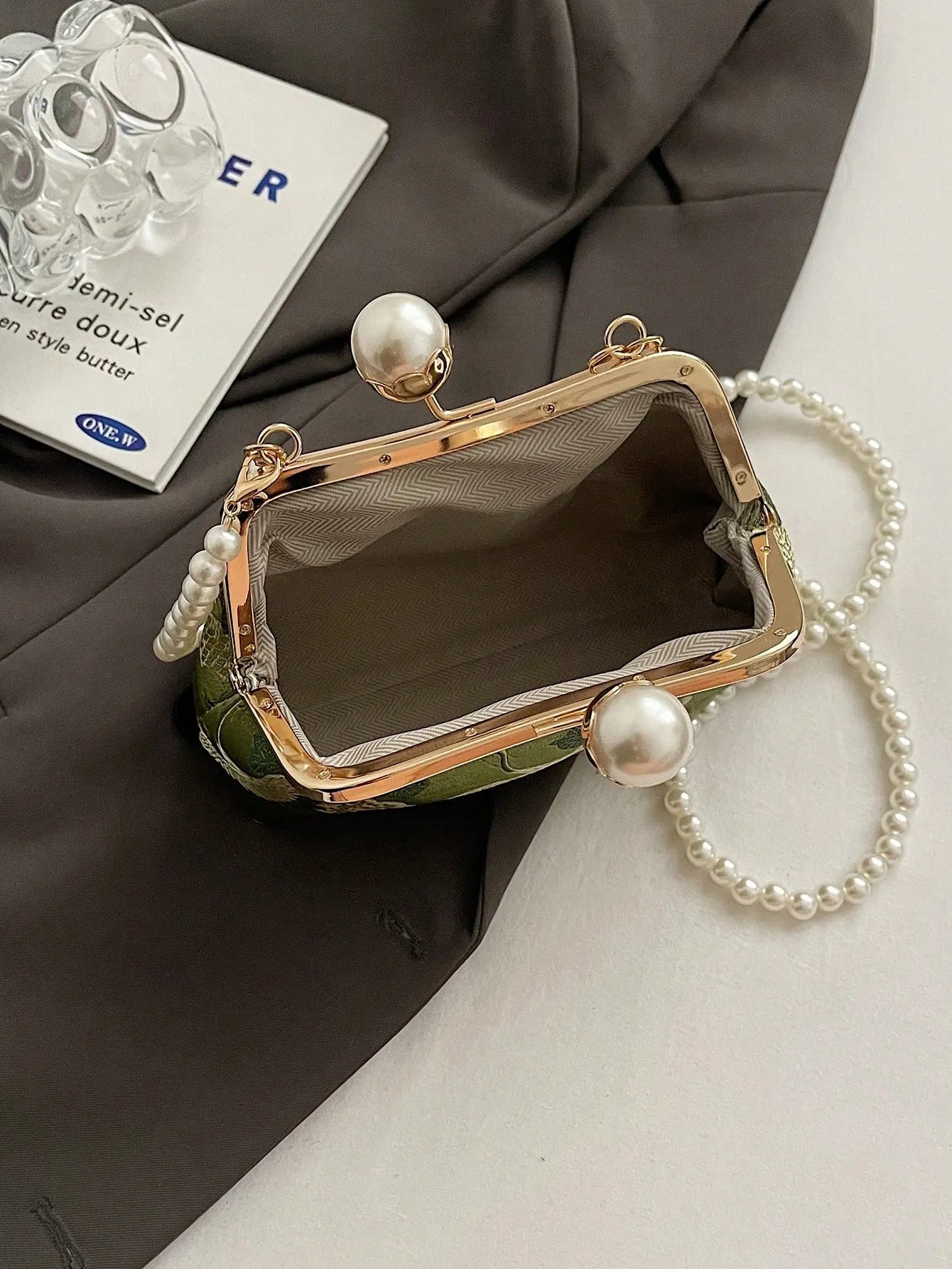 Women's Retro Green Fabric Faux Pearl Chain Clutch Bag Versatile Elegant Shoulder Handbag Party Daily Use Fashion Pearl Purse For Ladies