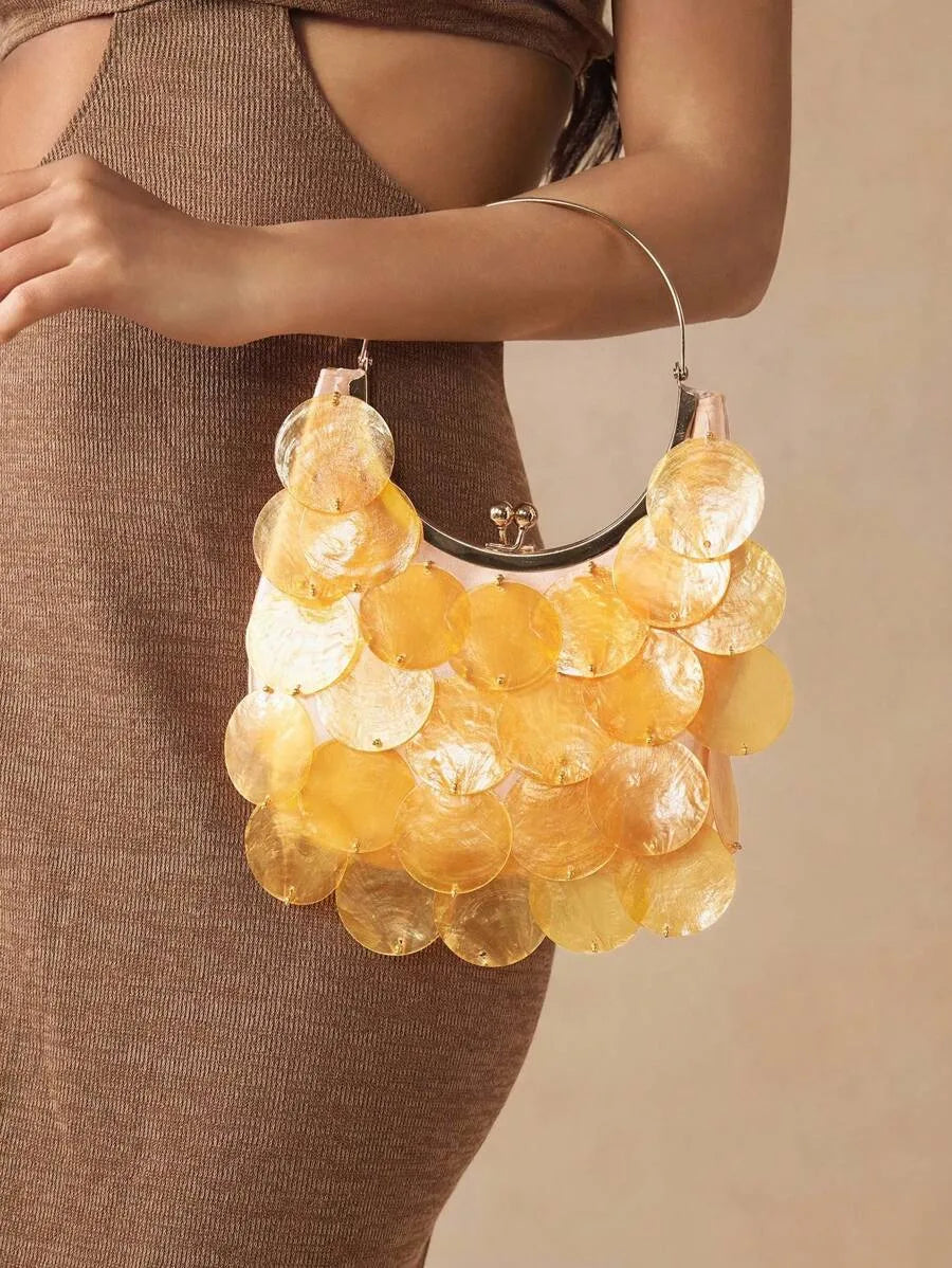 Women's Top Handle Bag With Metal Shell Decor Fashion Elegant Versatile Personalized Shoulder Purse Casual Beach Vacation Holiday Outfit