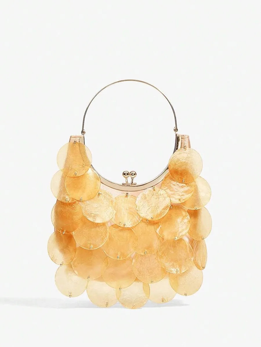 Women's Top Handle Bag With Metal Shell Decor Fashion Elegant Versatile Personalized Shoulder Purse Casual Beach Vacation Holiday Outfit