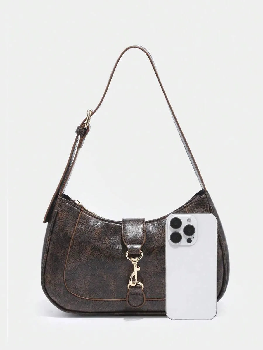 Women's Retro Crescent Shoulder Bag With Hook Decor Adjustable Strap Novachic Minimalist Crossbody Purse For Date Outing Party Casual