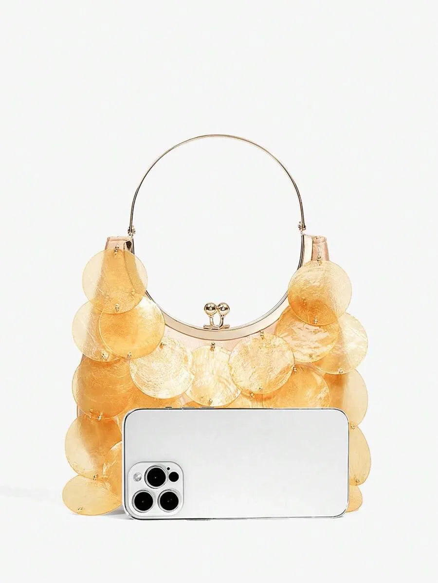 Women's Top Handle Bag With Metal Shell Decor Fashion Elegant Versatile Personalized Shoulder Purse Casual Beach Vacation Holiday Outfit