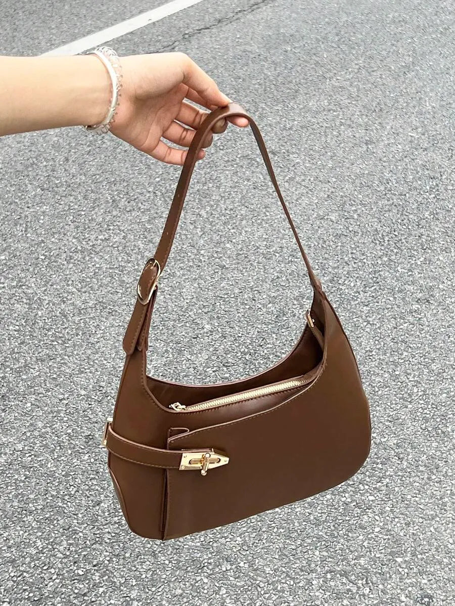 Women's Medium Hobo Bag With Buckle Decor Business Casual Shoulder Purse Fashion Elegant Office Work Travel Handbag For Ladies Daily Use