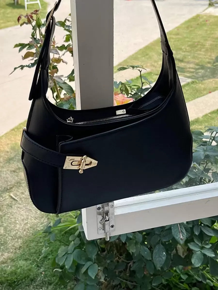 Women's Medium Hobo Bag With Buckle Decor Business Casual Shoulder Purse Fashion Elegant Office Work Travel Handbag For Ladies Daily Use