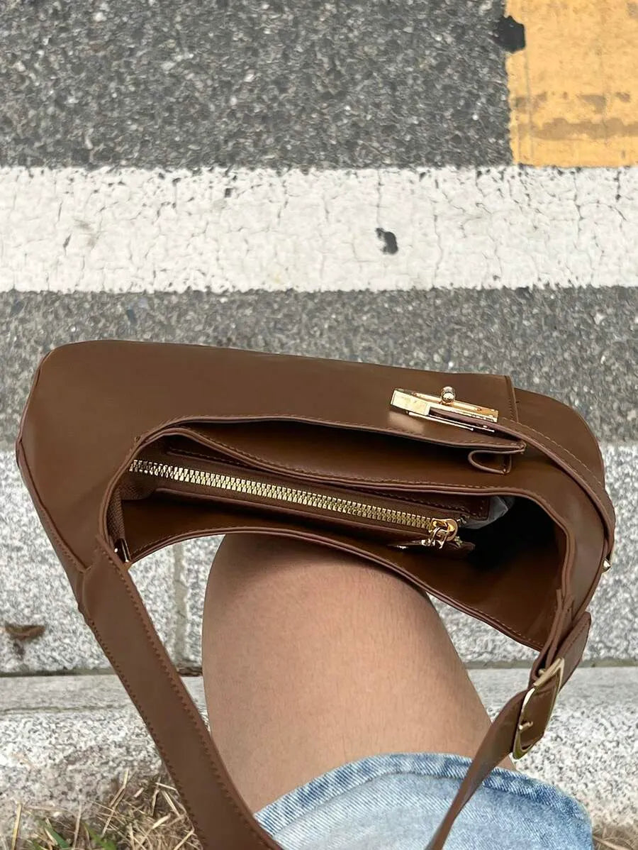 Women's Medium Hobo Bag With Buckle Decor Business Casual Shoulder Purse Fashion Elegant Office Work Travel Handbag For Ladies Daily Use