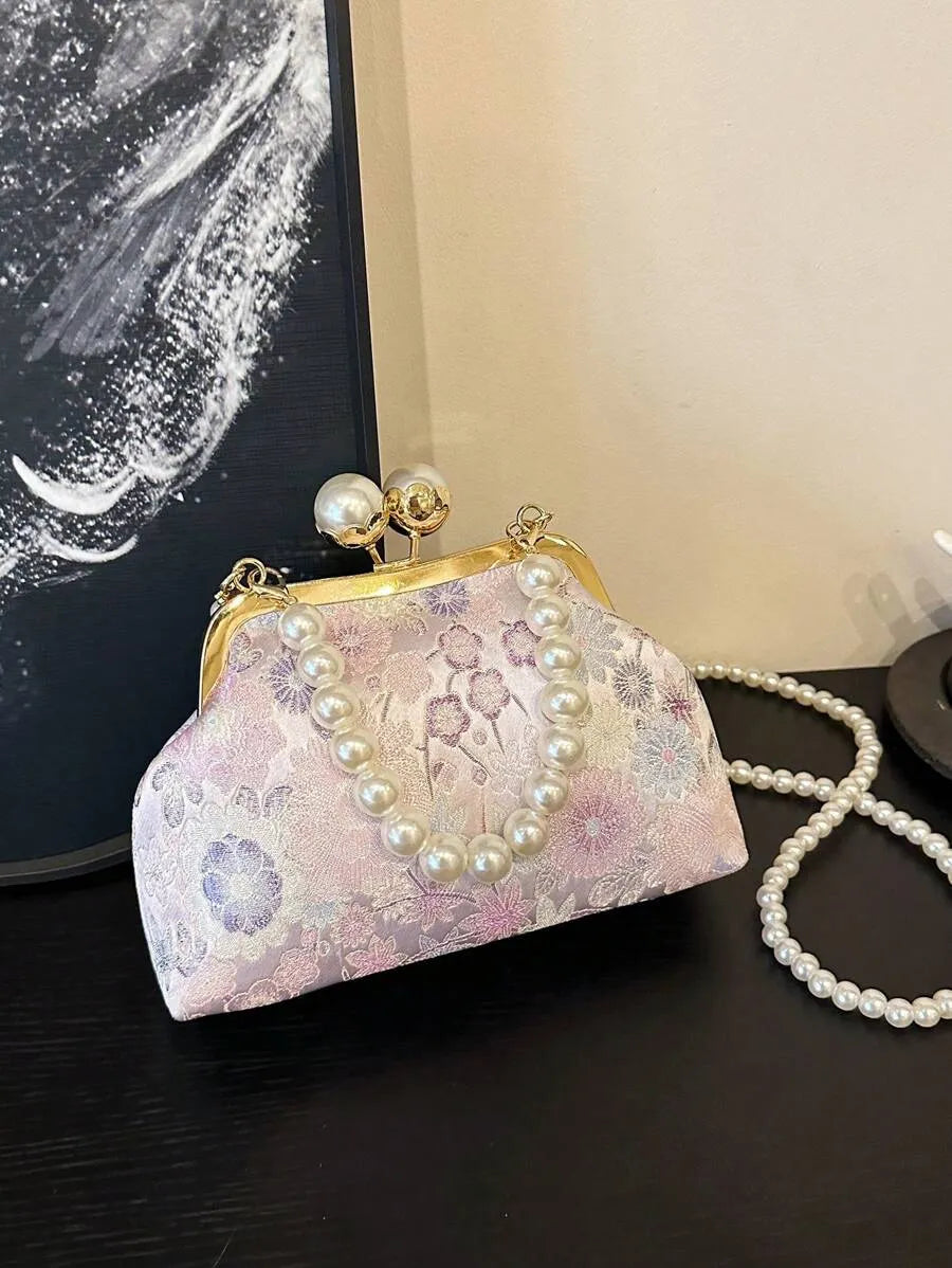 Women's Retro Green Fabric Faux Pearl Chain Clutch Bag Versatile Elegant Shoulder Handbag Party Daily Use Fashion Pearl Purse For Ladies