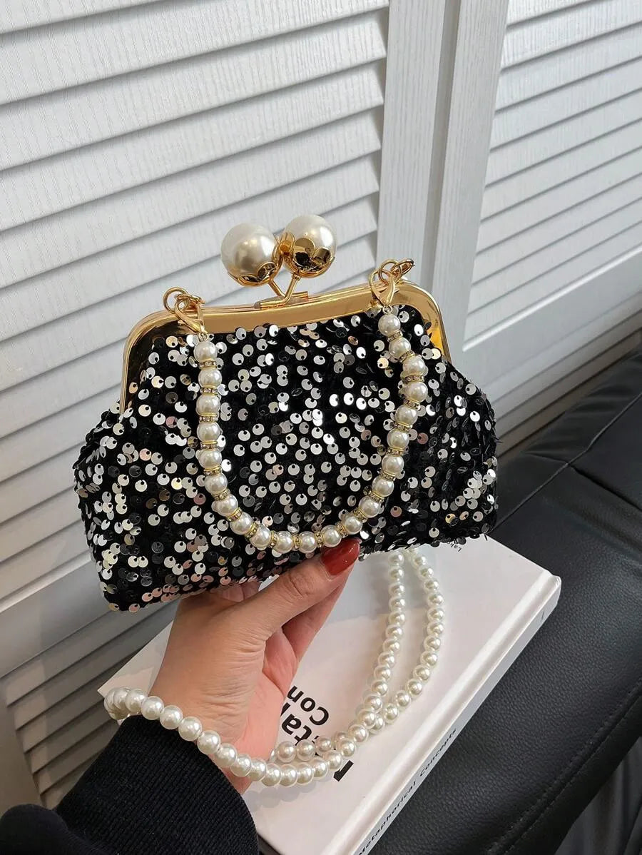 Women's Retro Green Fabric Faux Pearl Chain Clutch Bag Versatile Elegant Shoulder Handbag Party Daily Use Fashion Pearl Purse For Ladies