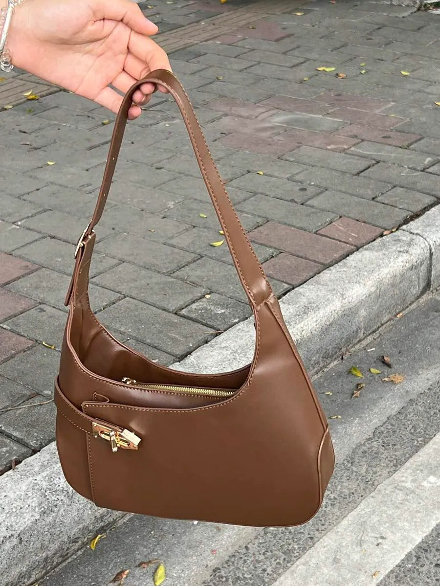 Women's Medium Hobo Bag With Buckle Decor Business Casual Shoulder Purse Fashion Elegant Office Work Travel Handbag For Ladies Daily Use