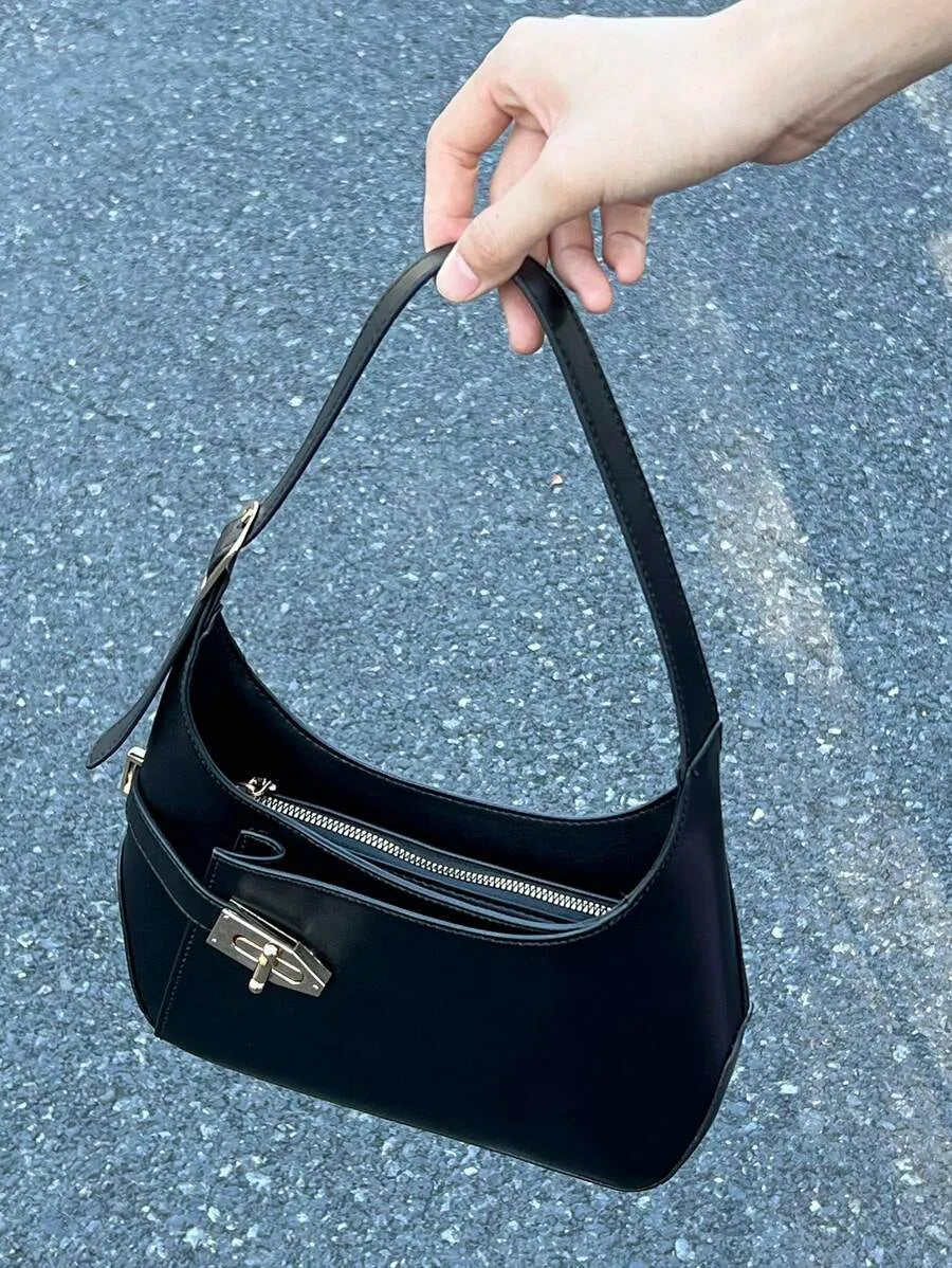 Women's Medium Hobo Bag With Buckle Decor Business Casual Shoulder Purse Fashion Elegant Office Work Travel Handbag For Ladies Daily Use