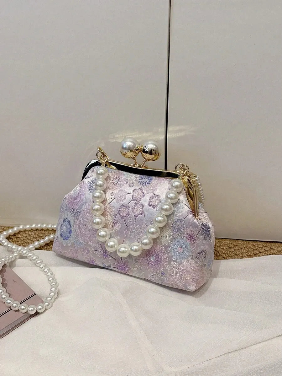 Women's Retro Green Fabric Faux Pearl Chain Clutch Bag Versatile Elegant Shoulder Handbag Party Daily Use Fashion Pearl Purse For Ladies