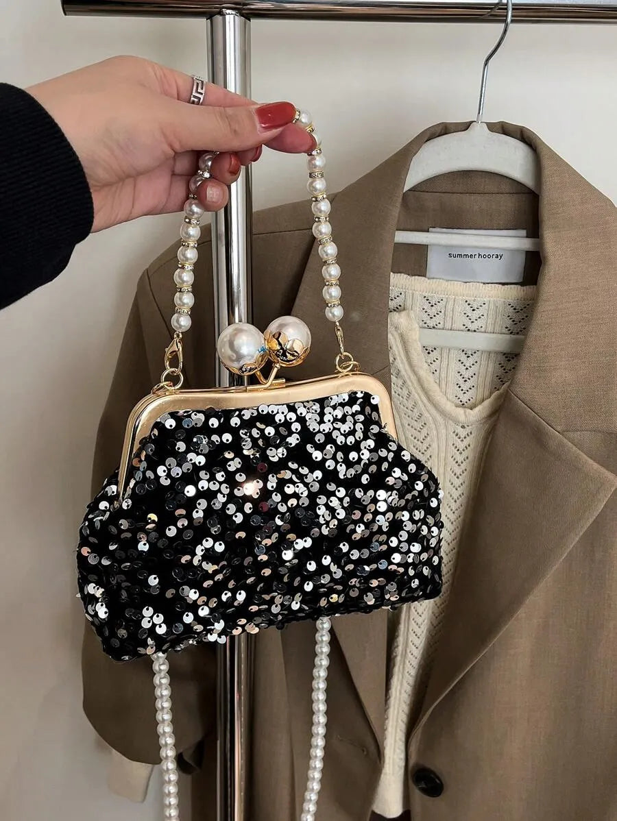 Women's Retro Green Fabric Faux Pearl Chain Clutch Bag Versatile Elegant Shoulder Handbag Party Daily Use Fashion Pearl Purse For Ladies