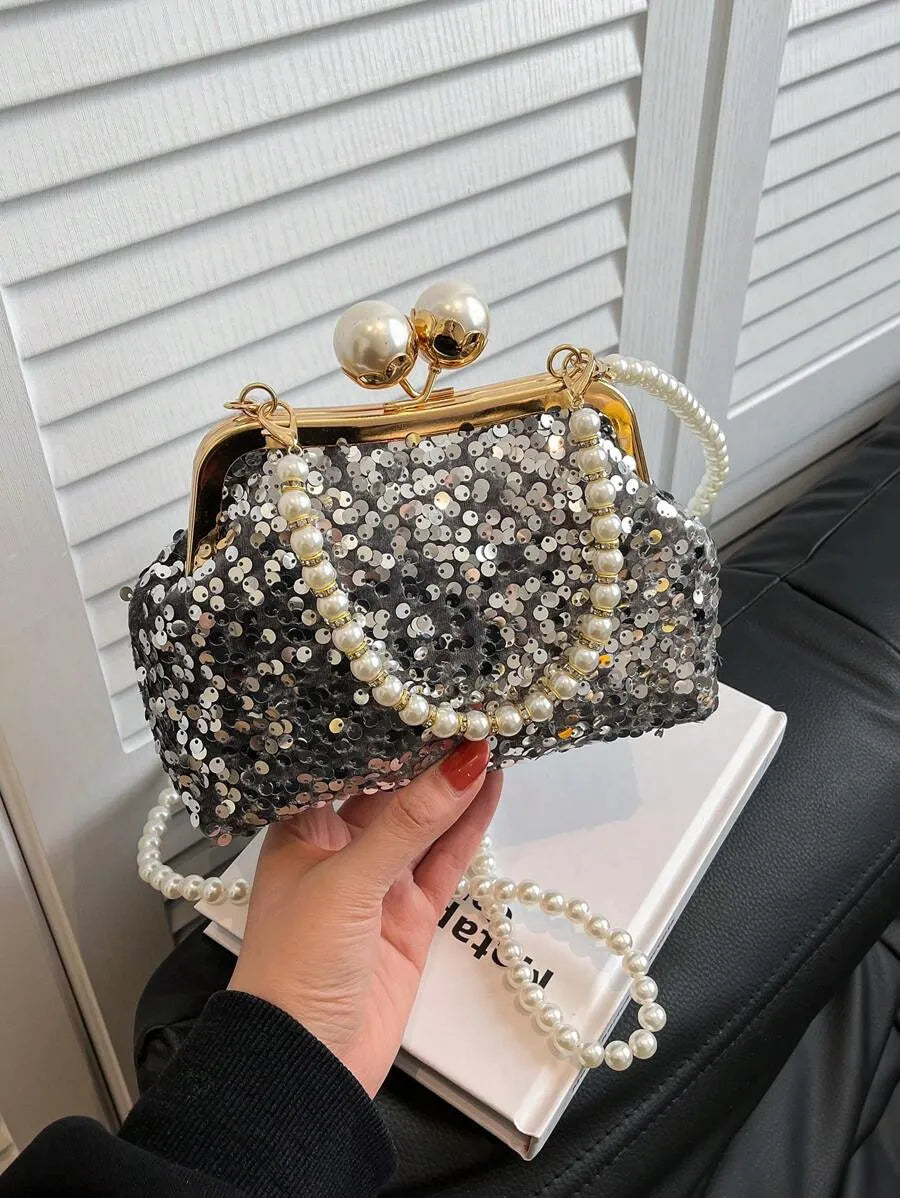 Women's Retro Green Fabric Faux Pearl Chain Clutch Bag Versatile Elegant Shoulder Handbag Party Daily Use Fashion Pearl Purse For Ladies