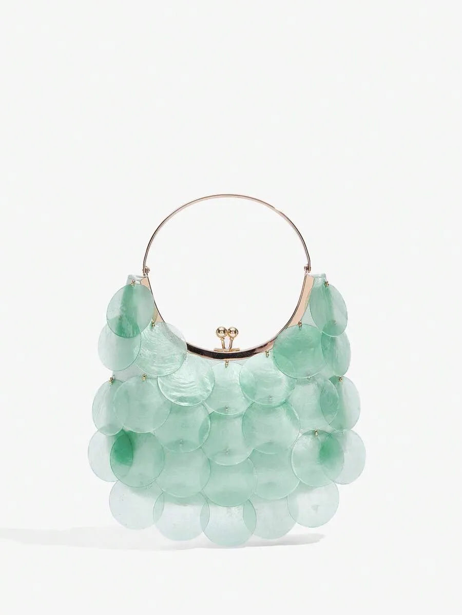 Women's Top Handle Bag With Metal Shell Decor Fashion Elegant Versatile Personalized Shoulder Purse Casual Beach Vacation Holiday Outfit