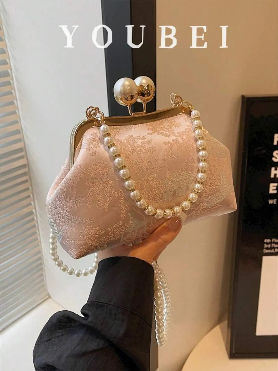 Women's Retro Green Fabric Faux Pearl Chain Clutch Bag Versatile Elegant Shoulder Handbag Party Daily Use Fashion Pearl Purse For Ladies