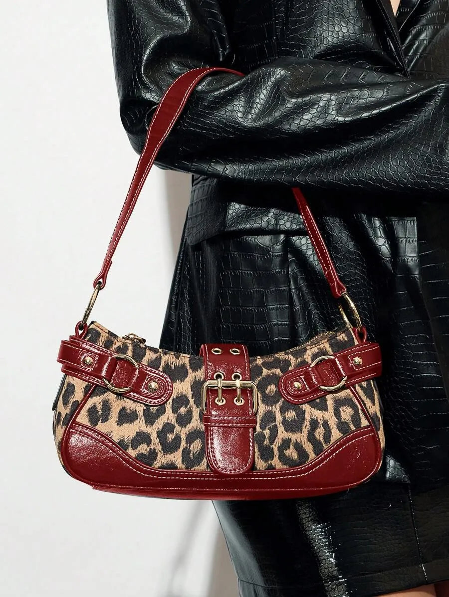 Women's Leopard Print Patchwork PU Shoulder Bag Street Style Fashion Purse Commuter Leopard Handbag Animal Print Outfit Casual Chic Bag