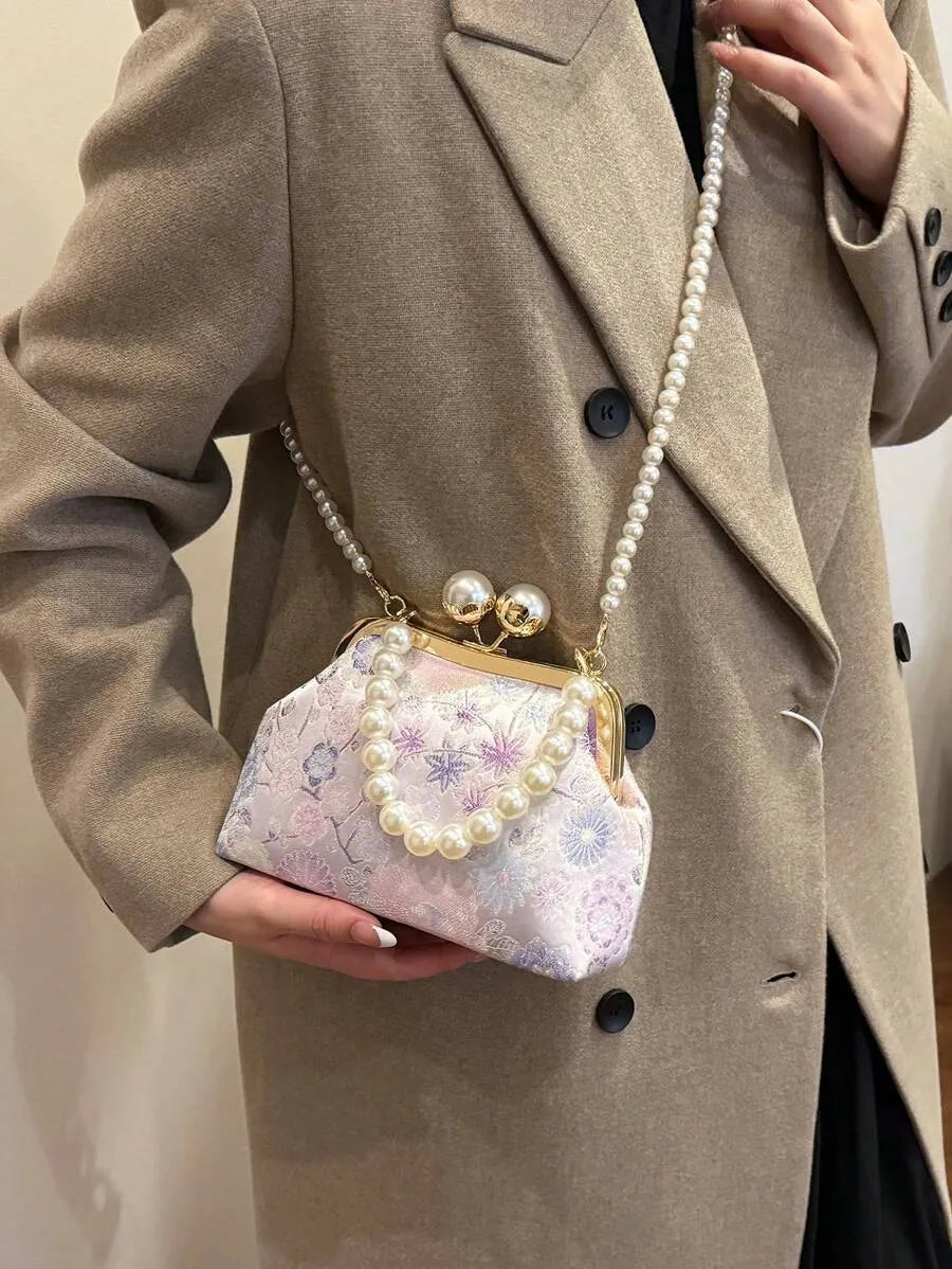 Women's Retro Green Fabric Faux Pearl Chain Clutch Bag Versatile Elegant Shoulder Handbag Party Daily Use Fashion Pearl Purse For Ladies