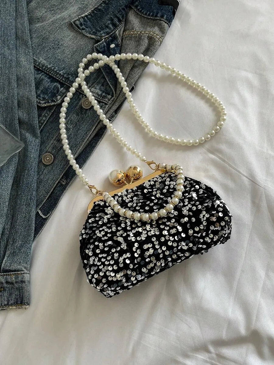 Women's Retro Green Fabric Faux Pearl Chain Clutch Bag Versatile Elegant Shoulder Handbag Party Daily Use Fashion Pearl Purse For Ladies