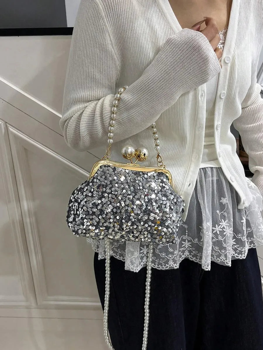 Women's Retro Green Fabric Faux Pearl Chain Clutch Bag Versatile Elegant Shoulder Handbag Party Daily Use Fashion Pearl Purse For Ladies