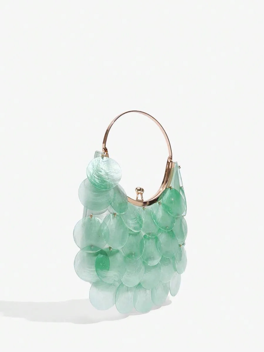 Women's Top Handle Bag With Metal Shell Decor Fashion Elegant Versatile Personalized Shoulder Purse Casual Beach Vacation Holiday Outfit