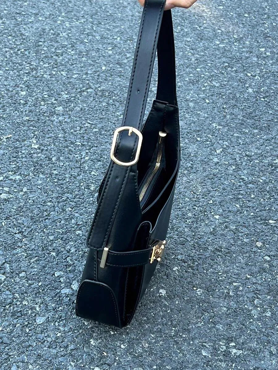 Women's Medium Hobo Bag With Buckle Decor Business Casual Shoulder Purse Fashion Elegant Office Work Travel Handbag For Ladies Daily Use