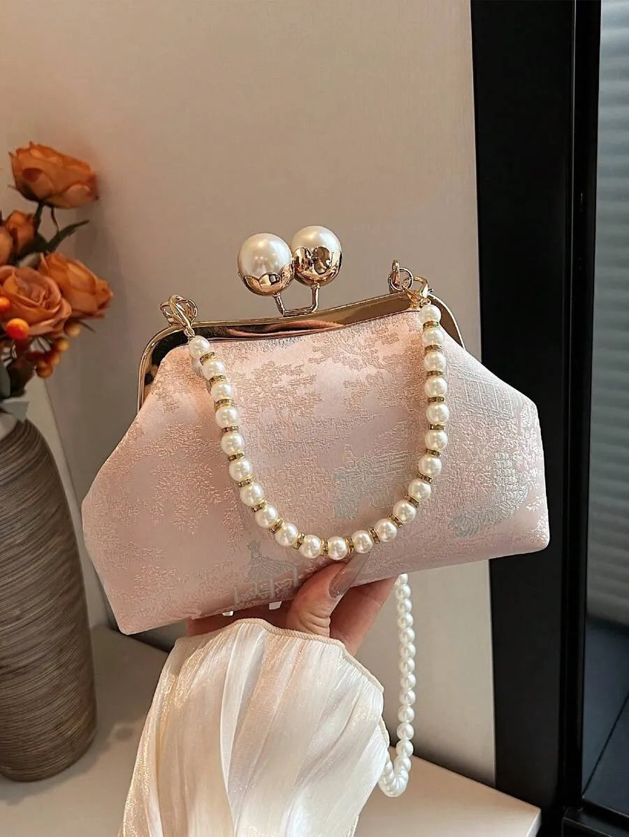 Women's Retro Green Fabric Faux Pearl Chain Clutch Bag Versatile Elegant Shoulder Handbag Party Daily Use Fashion Pearl Purse For Ladies