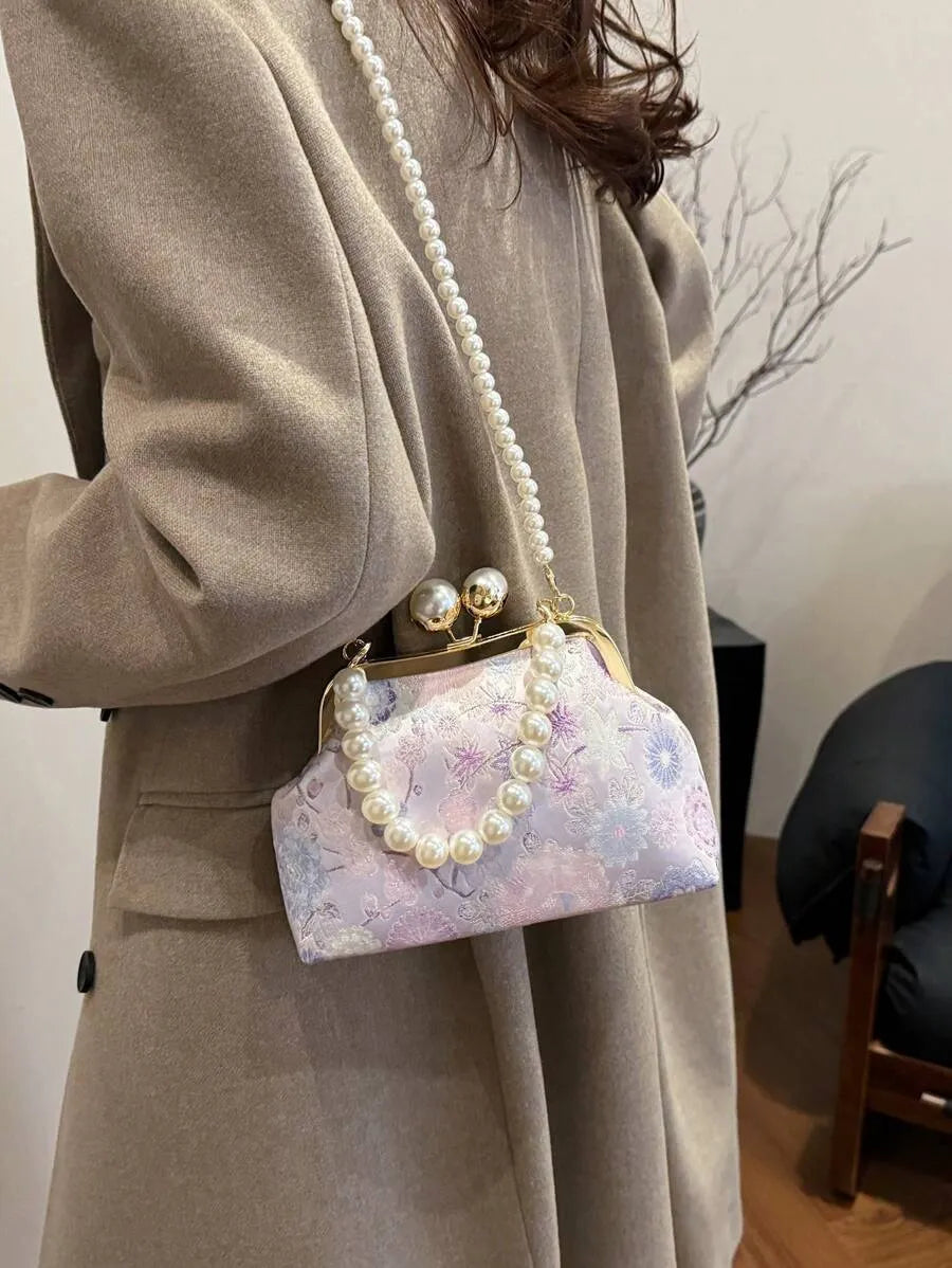 Women's Retro Green Fabric Faux Pearl Chain Clutch Bag Versatile Elegant Shoulder Handbag Party Daily Use Fashion Pearl Purse For Ladies