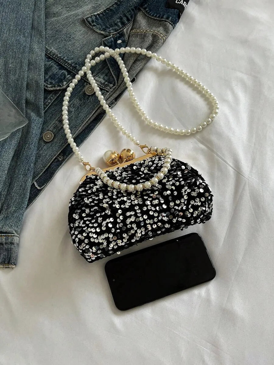 Women's Retro Green Fabric Faux Pearl Chain Clutch Bag Versatile Elegant Shoulder Handbag Party Daily Use Fashion Pearl Purse For Ladies