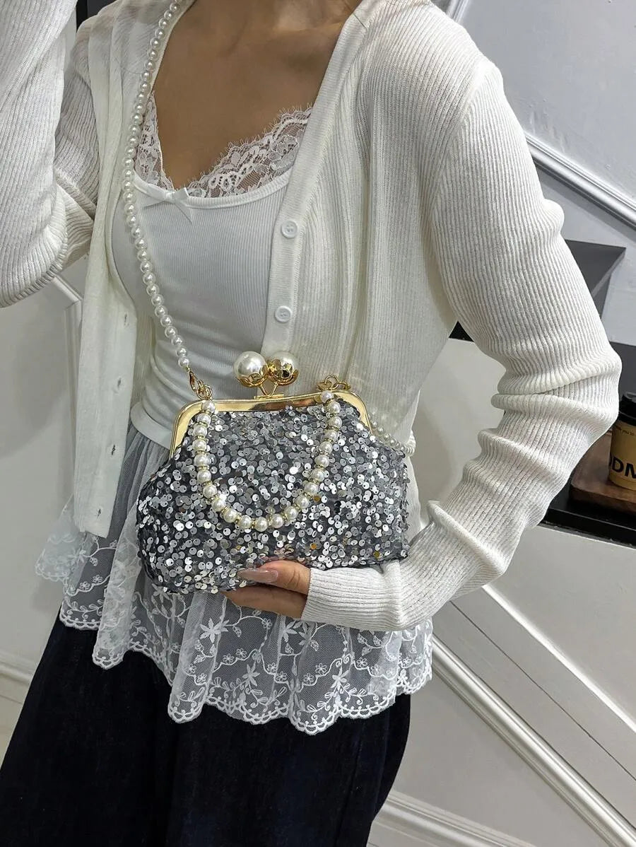 Women's Retro Green Fabric Faux Pearl Chain Clutch Bag Versatile Elegant Shoulder Handbag Party Daily Use Fashion Pearl Purse For Ladies