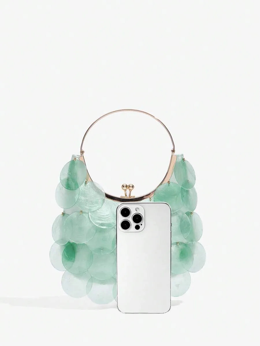 Women's Top Handle Bag With Metal Shell Decor Fashion Elegant Versatile Personalized Shoulder Purse Casual Beach Vacation Holiday Outfit