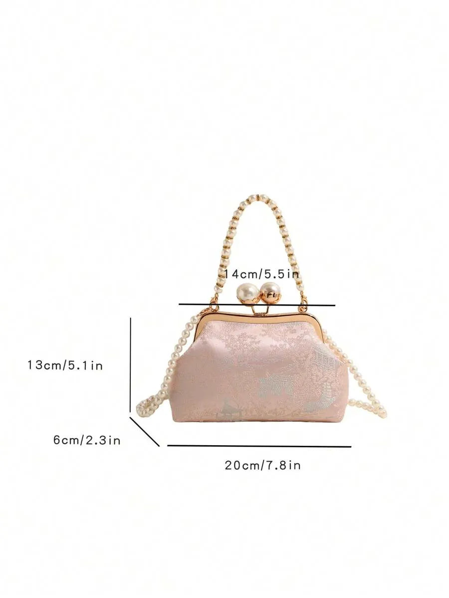 Women's Retro Green Fabric Faux Pearl Chain Clutch Bag Versatile Elegant Shoulder Handbag Party Daily Use Fashion Pearl Purse For Ladies