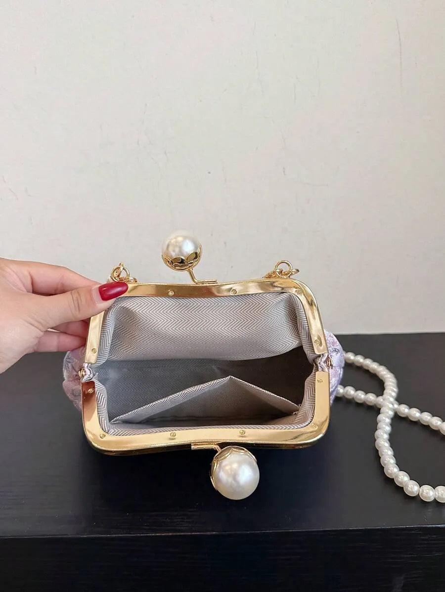 Women's Retro Green Fabric Faux Pearl Chain Clutch Bag Versatile Elegant Shoulder Handbag Party Daily Use Fashion Pearl Purse For Ladies