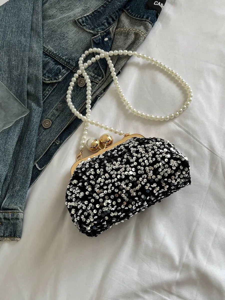 Women's Retro Green Fabric Faux Pearl Chain Clutch Bag Versatile Elegant Shoulder Handbag Party Daily Use Fashion Pearl Purse For Ladies