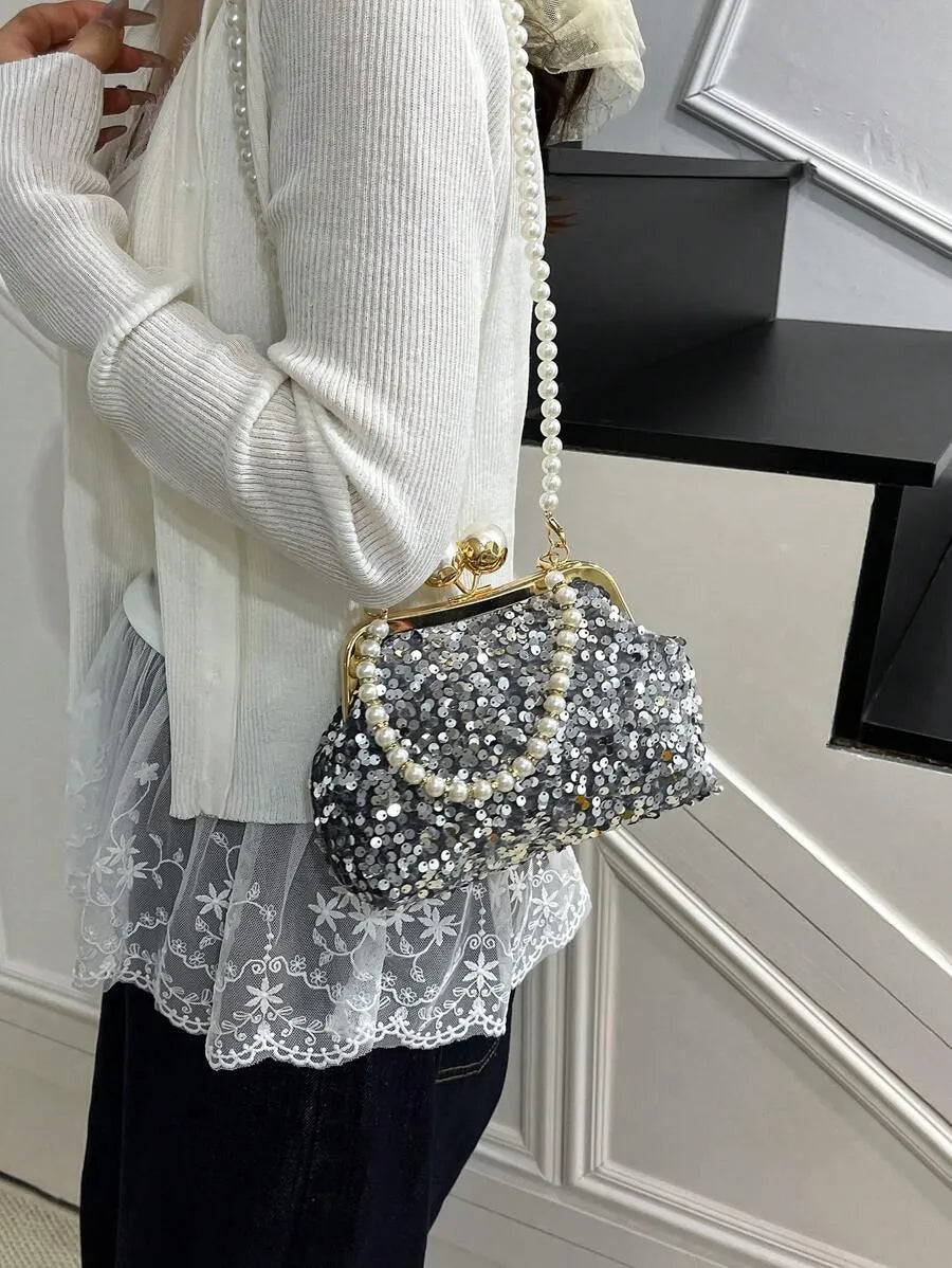 Women's Retro Green Fabric Faux Pearl Chain Clutch Bag Versatile Elegant Shoulder Handbag Party Daily Use Fashion Pearl Purse For Ladies