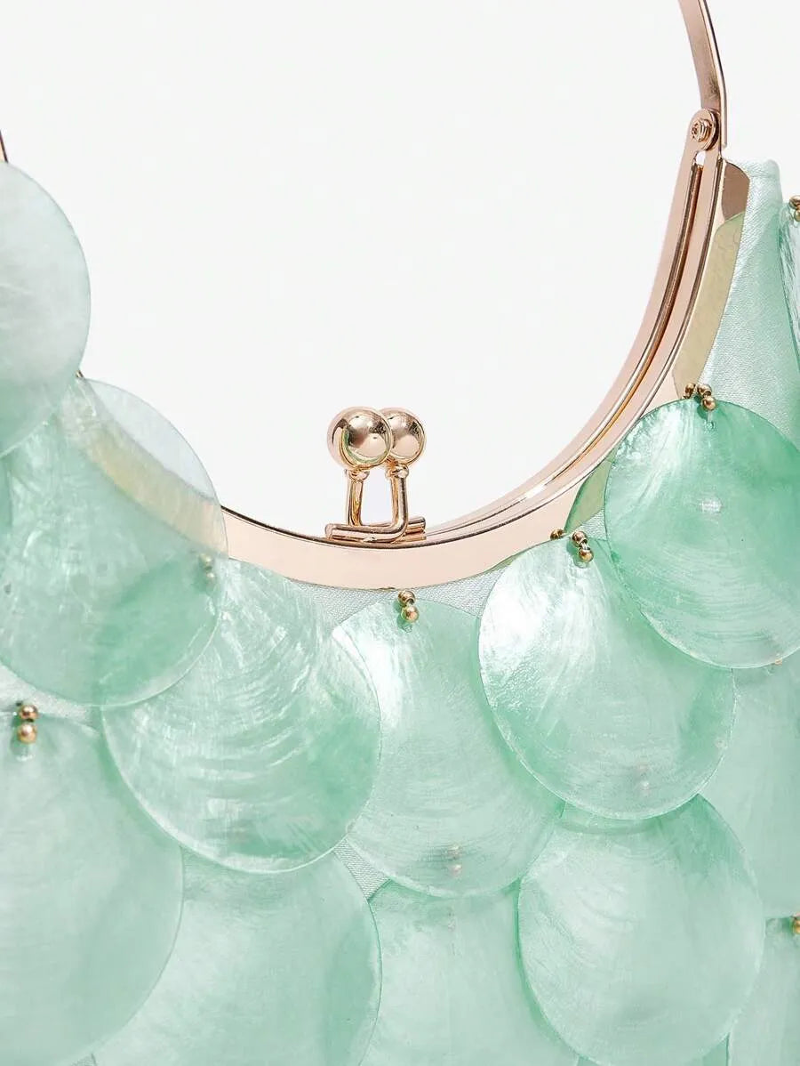 Women's Top Handle Bag With Metal Shell Decor Fashion Elegant Versatile Personalized Shoulder Purse Casual Beach Vacation Holiday Outfit