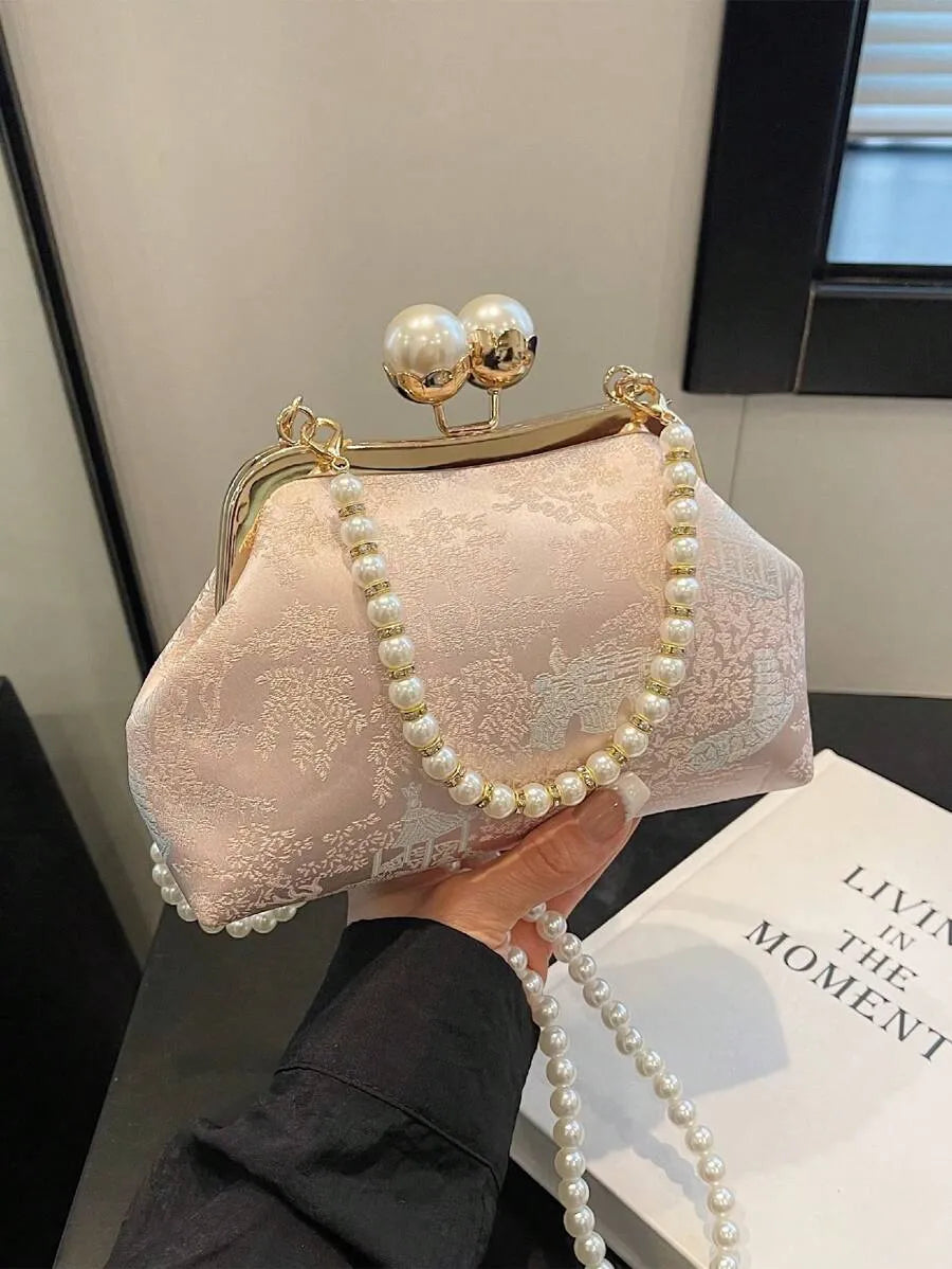 Women's Retro Green Fabric Faux Pearl Chain Clutch Bag Versatile Elegant Shoulder Handbag Party Daily Use Fashion Pearl Purse For Ladies