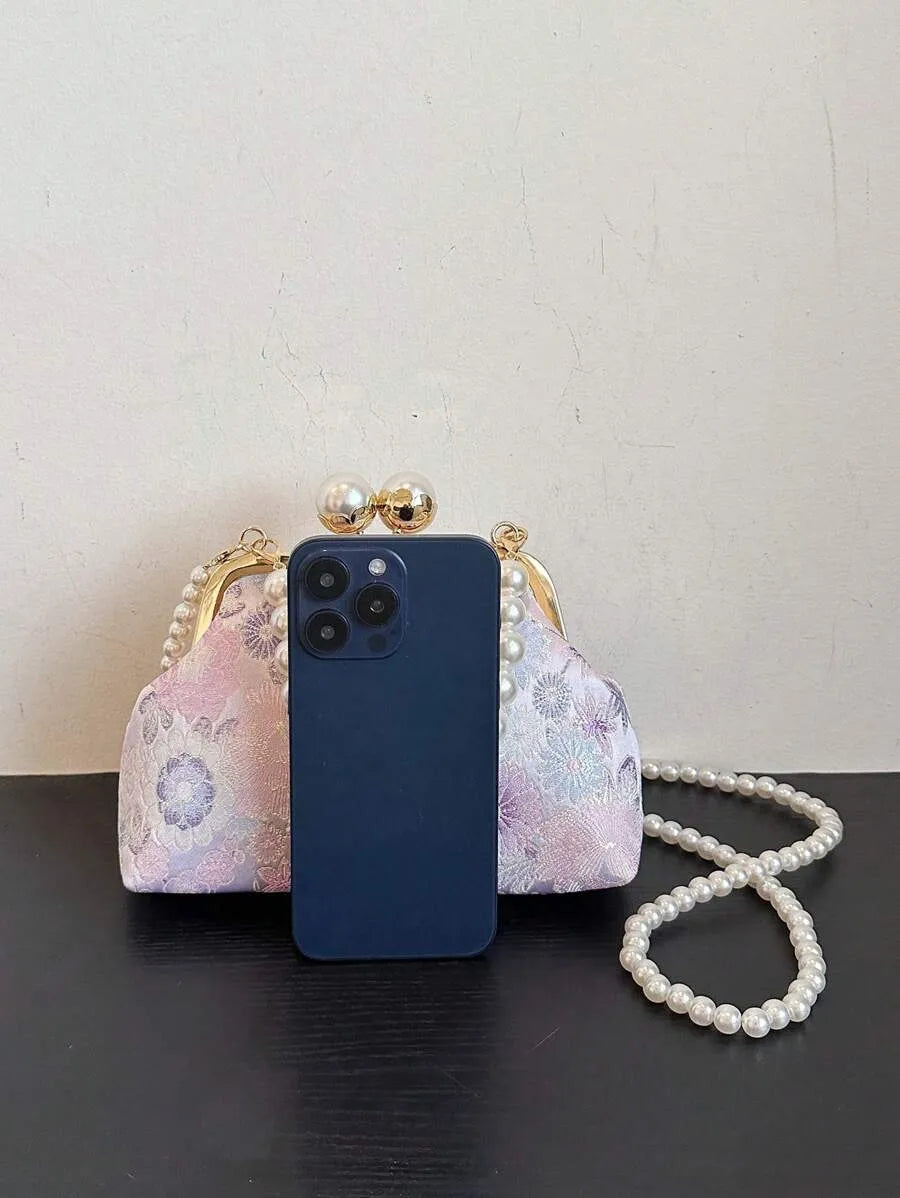 Women's Retro Green Fabric Faux Pearl Chain Clutch Bag Versatile Elegant Shoulder Handbag Party Daily Use Fashion Pearl Purse For Ladies